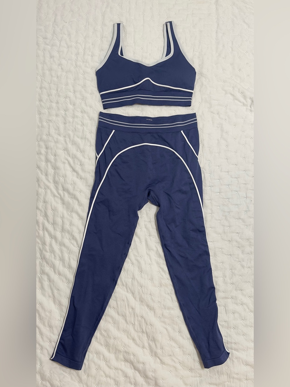 Navy Blue Active Set with White Piping - Sports Bra & Leggings